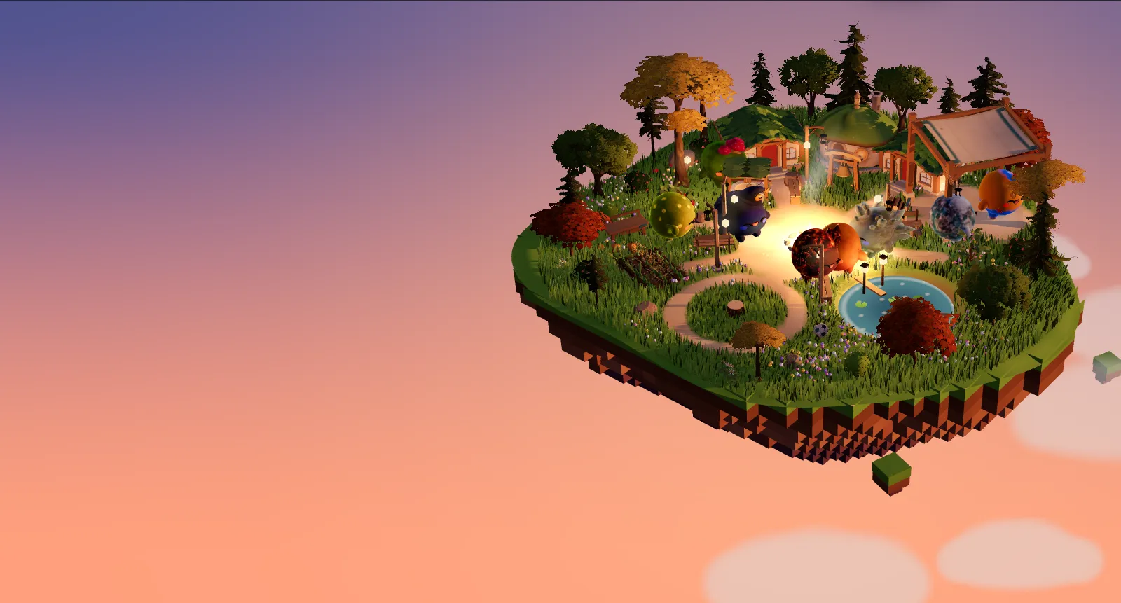 A floating island in the evening: eight small luminids around a campfire, with huts, lanterns, a pond and a berry bush by an old oak.