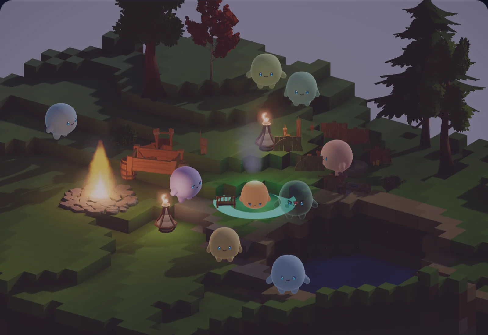 The colony at dusk: a slab of the camp floating in the evening sky, Astra caught at the clearing with a teal ring under it, Ember beside the pond, the fire lit.